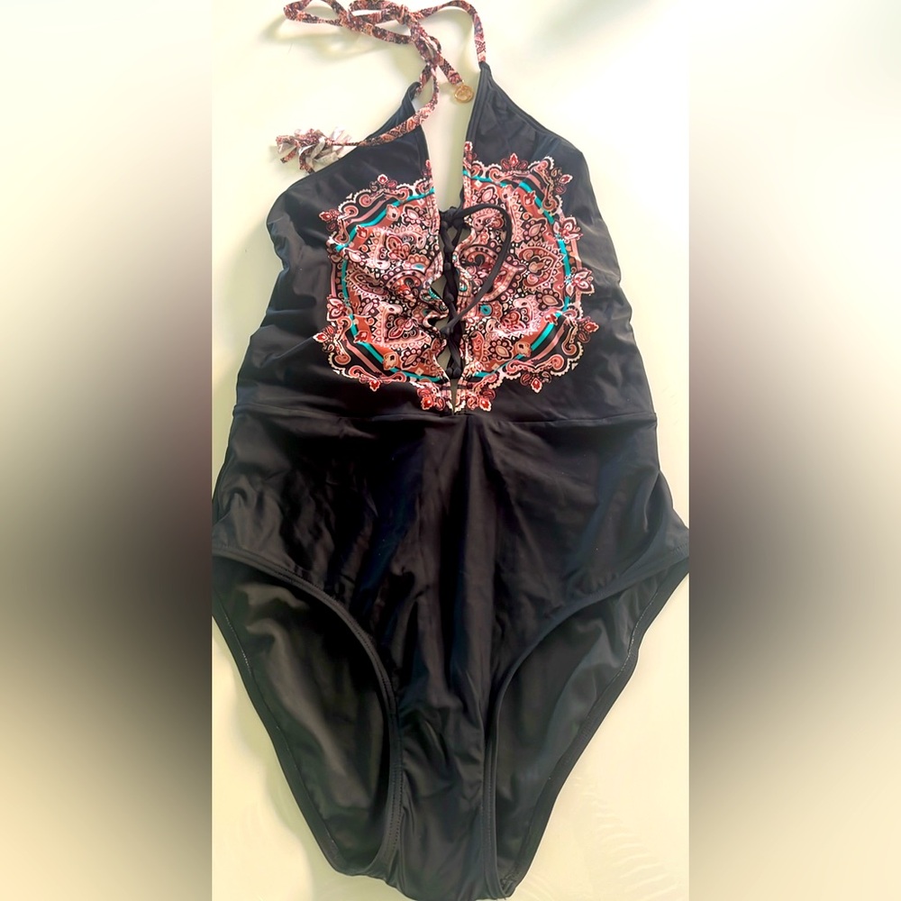 Black One-Piece Swimsuit with Paisley Design